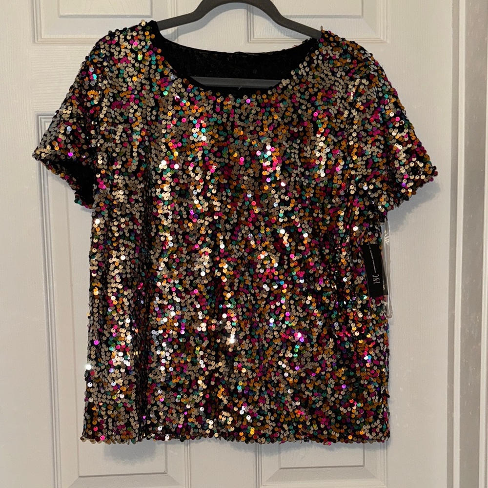 INC International Concepts Multicolor Sequin Short Sleeve Top